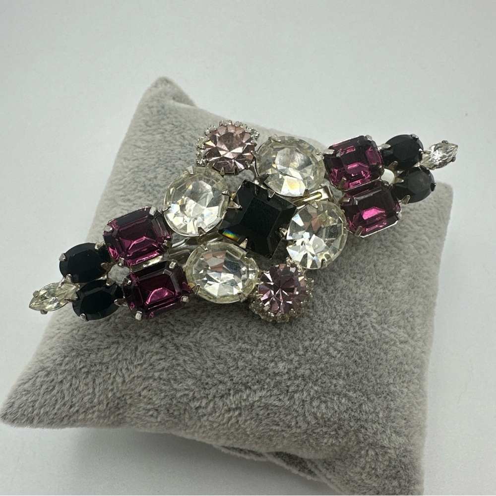 Vintage Large Harlequin‎ Brooch with Black and Purple Rhinestones #672